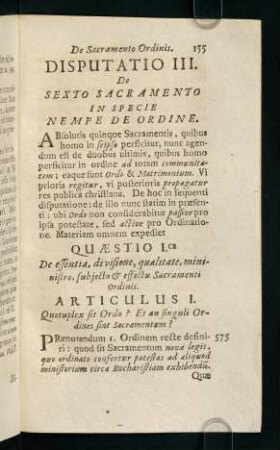 155-176, Disputatio III. De sexto sacramento in specie nempe de ordine