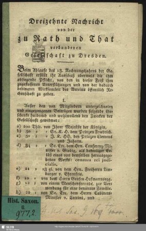 13.1821: Nachricht von der zu Rath und That verbundenen Gesellschaft zu Dresden