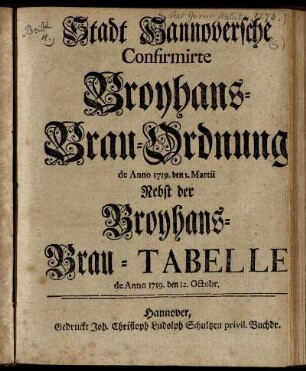 Stadt Hannoversche Confirmirte Broyhans-Brau-Ordnung de Anno 1719. den 1. Martii