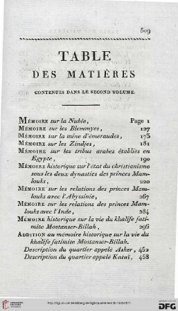 Table des matières contenues dans le second volume