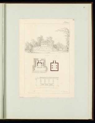 Pavillon über einem Eiskeller Monatskonkurrenz Dezember 1849: Grundriss Keller, Erdgeschoss, Aufriss Vorderansicht, perspektivische Ansicht; Maßstabsleiste