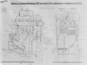 Gruppenrohrkessel, mit Überhitzer und Treppenrostfeuerung (Borsig, Tegel), Schema : Technikgeschichte | Maschinenbau | Kraftmaschinen | Dampfkesselalagen, Feuerungen