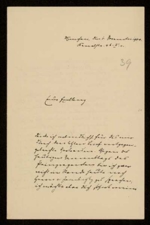 39: Brief von Karl von Unzer an Gottlieb Planck, München, 1.11.1900
