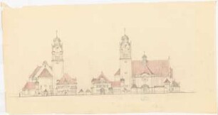 Kirche und Pfarrhaus, Miechowitz: Chor- und Seitenansicht Skizze