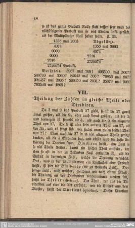 VII. Theilung der Zahlen in gleiche Zahlen oder Dividiren