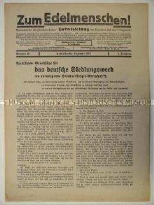 Religiös-philosophisches Mitteilungsblatt "Zum Edelmenschen!" u.a. zum deutschen Siedlungswerk