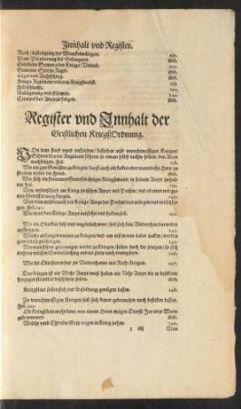 Register und Innhalt der Geistlichen Kriegßordnung.