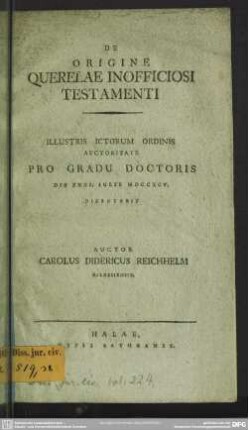 De origine Querelae Inofficiosi Testamenti
