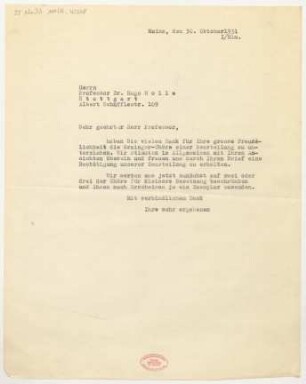 Brief an Hugo Holle : 30.10.1931
