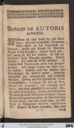 Vorbericht des Autoris an den Leser.