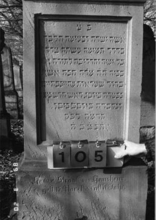 Grabstein 105 (Index: 99751881) Material: Sandstein Zustand: gut Maße HxBxT: 157x53x24 cm Beschreibung: Stele, Sockel, Abdeckplatte mit Volutenaufsatz mit Palmette, rechteck. Schriftfeld Symbolik: Palmette, Ranken: Grabstein 105 (Nachholaufnahme)