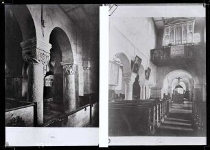 Kirche; Inneres nach Nordosten und Kapitell vor der Restaurierung