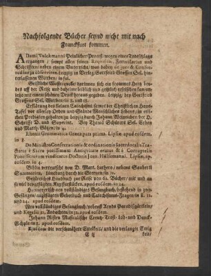 Nachfolgende Bücher seynd nicht mit nach Franckfurt kommen.