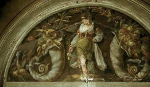 Flora, gerahmt von zwei Füllhörnern und Papageien