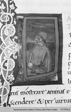 Matteo Palmieri: Città di Vita : Folio mit Randbordüre, eingeschlossenes Medaillon mit Porträt des Autors, historisierten Initialen L mit dem Porträt Leonardo Datis und einem Engel, der die menschliche Seele ins Himmelreich führt