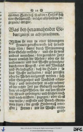 Was bey herannahender Geburt zuerst in acht zu nehmen.