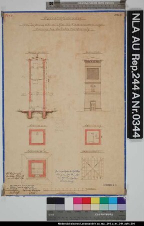Schnitte, Ansicht und Sparrenlage vom Lüftungsturm der Wasserversorgungsanlage der Insel NORDERNEY Kolorierte Zeichnung von Börner Papier Format 30,8x46,5 M 1:100