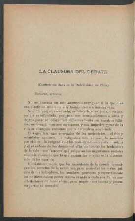 La Clausura del debate : (Conferencia dada en la Univeridad de Chile)