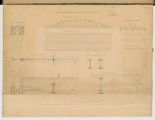 Eiserne Eisenbahnbrücke Monatskonkurrenz April 1864: Grundriss, Aufriss Seitenansicht, 8 Details zur Konstruktion; 2 Maßstabsleisten