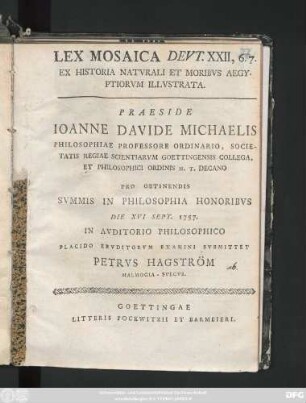 Lex Mosaica Devt. XXII, 6.7. Ex Historia Natvrali Et Moribvs Aegyptiorvm Illvstrata
