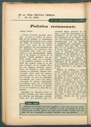 Política veraneante : De la vieja política criolla y ... de la otra