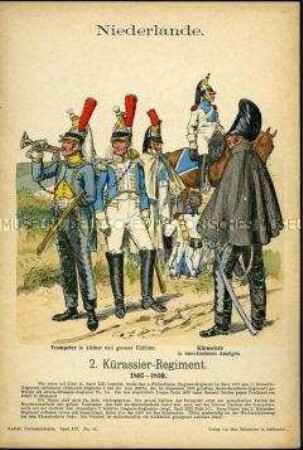 Uniformdarstellung, Trompeter und Gemeine des 2. Kürassier-Regiments, Königreich Holland, 1807/1810.