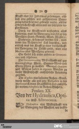 Pensum XX. Von der Hydraulica, Optica und Astronomia.