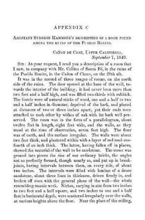 C. - ASSISTANT SURGEON HAMMOND'S DESCRIPTION OF A ROOM FOUND AMONG THE RUINS OF THE PUEBLO BONITO.