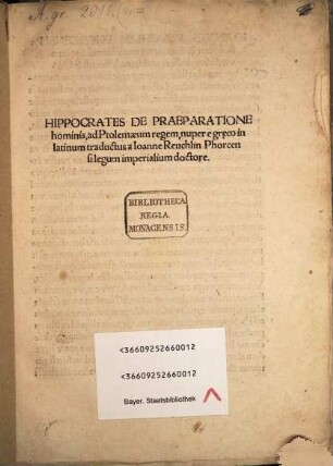 Hippocrates De Praeparatione hominis, ad Ptolemaeum regem
