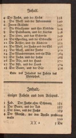 Inhalt, einiger Fabeln aus dem Aesopus