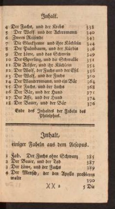 Inhalt, einiger Fabeln aus dem Aesopus