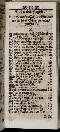 Das ander Register/ Welches auf die Zahl der Blätter/ wo ein jedes Gesang zu finden/ gerichtet ist.