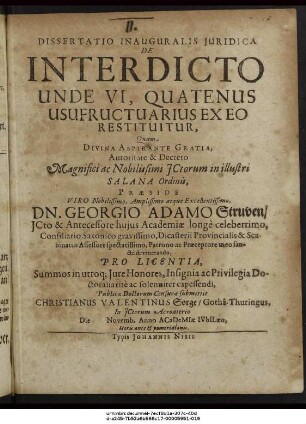 Dissertatio Inauguralis Iuridica De Interdicto Unde Vi, Quatenus Usufructuarius Ex Eo Restituitur