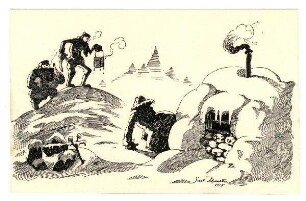 Postkarten mit humoristischen Zeichnungen aus dem Alpenkrieg, jeweils mit Zensurvermerk 06.12.1915: (Verpflegung kommt)