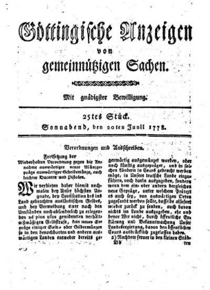 25tes Stück. Sonnabend, den 20ten Junii 1778.