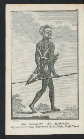 [Illustration:] Ein bewafneter Neu-Holländer. Equipement d'un habitant de la Nouvelle-Hollande.