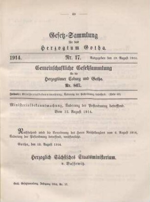 17. Ministerialbekanntmachung, Änderung der Postordnung betreffend. Vom 12. August 1914