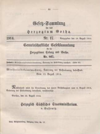 17. Ministerialbekanntmachung, Änderung der Postordnung betreffend. Vom 12. August 1914