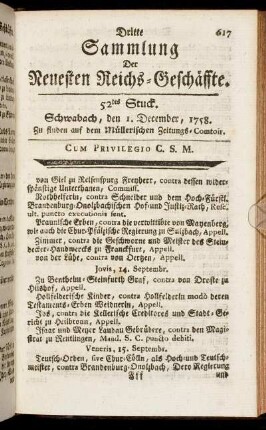 52tes Stuck. Schwabach, den 1. December, 1758.