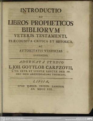 Introductio Ad Libros Propheticos Bibliorum Veteris Testamenti