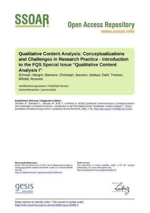 Qualitative Content Analysis: Conceptualizations and Challenges in Research Practice - Introduction to the FQS Special Issue "Qualitative Content Analysis I"