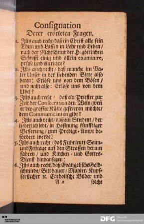 Consignation Derer erörteten Fragen.
