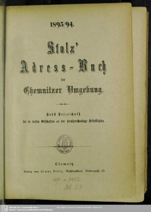 1.1893/94: Stolz's Adress-Buch der Chemnitzer Umgebung
