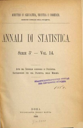 Annali di statistica. 14. 1885