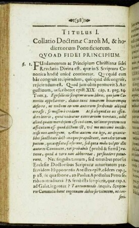 Titulus I. Collatio Doctrinæ Caroli M. & hodiernorum Pontificiorum. Quoad Fidei Principium.