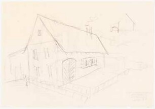 Haus am Wasser mit Bootsschuppen (?): Perspektivische Ansicht Haus mit Anbau (Bootsschuppen?), vgl. Inv. 42460 und 42462