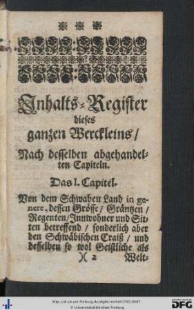 Inhalts-Register dieses ganzen Werckleins, Nach desselben abgehandelten Capiteln.