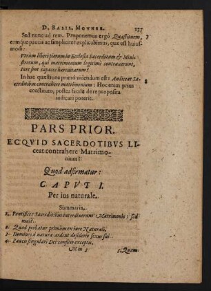 Pars Prior. Ecquid Sacerdotibus Liceat contrahere Matrimonium?