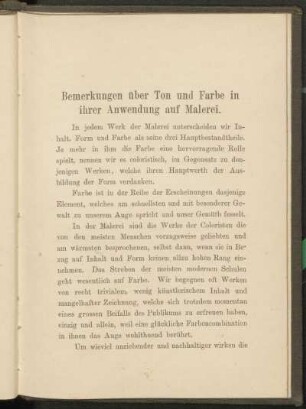 Bemerkungen über Ton und Farbe in ihrer Anwendung auf Malerei.