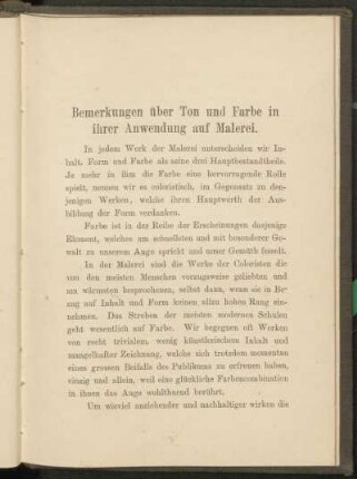 Bemerkungen über Ton und Farbe in ihrer Anwendung auf Malerei.
